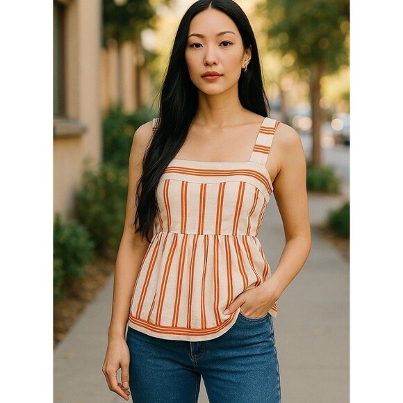 CAbi Tops - Cabi Cream Orange Striped Sleeveless Top Women's Medium Strappy Smocked Babydoll